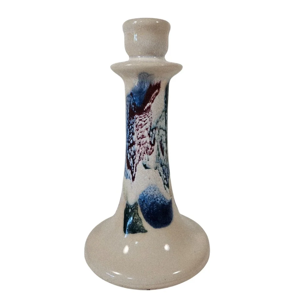 Vtg‎ D.K. Clay Pottery Sanford NC Taper Candlestick Holder Blue Burgundy Glazed